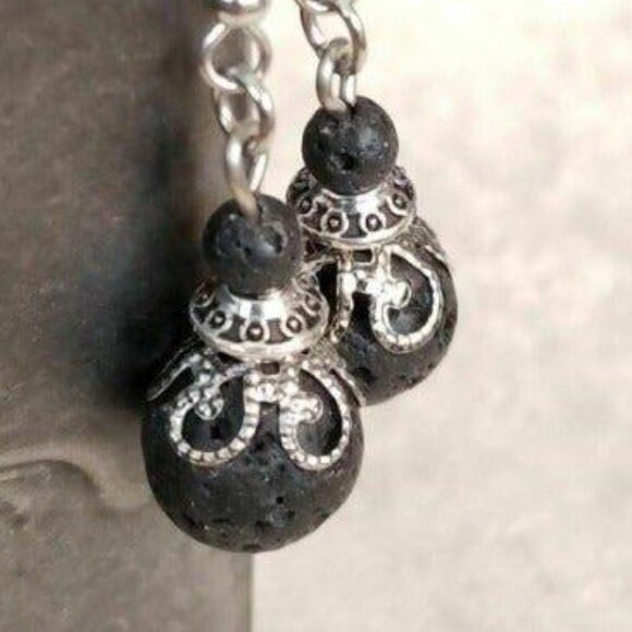 Gemstone Earrings Lacy Silver Black Lava - Picture 1 of 4